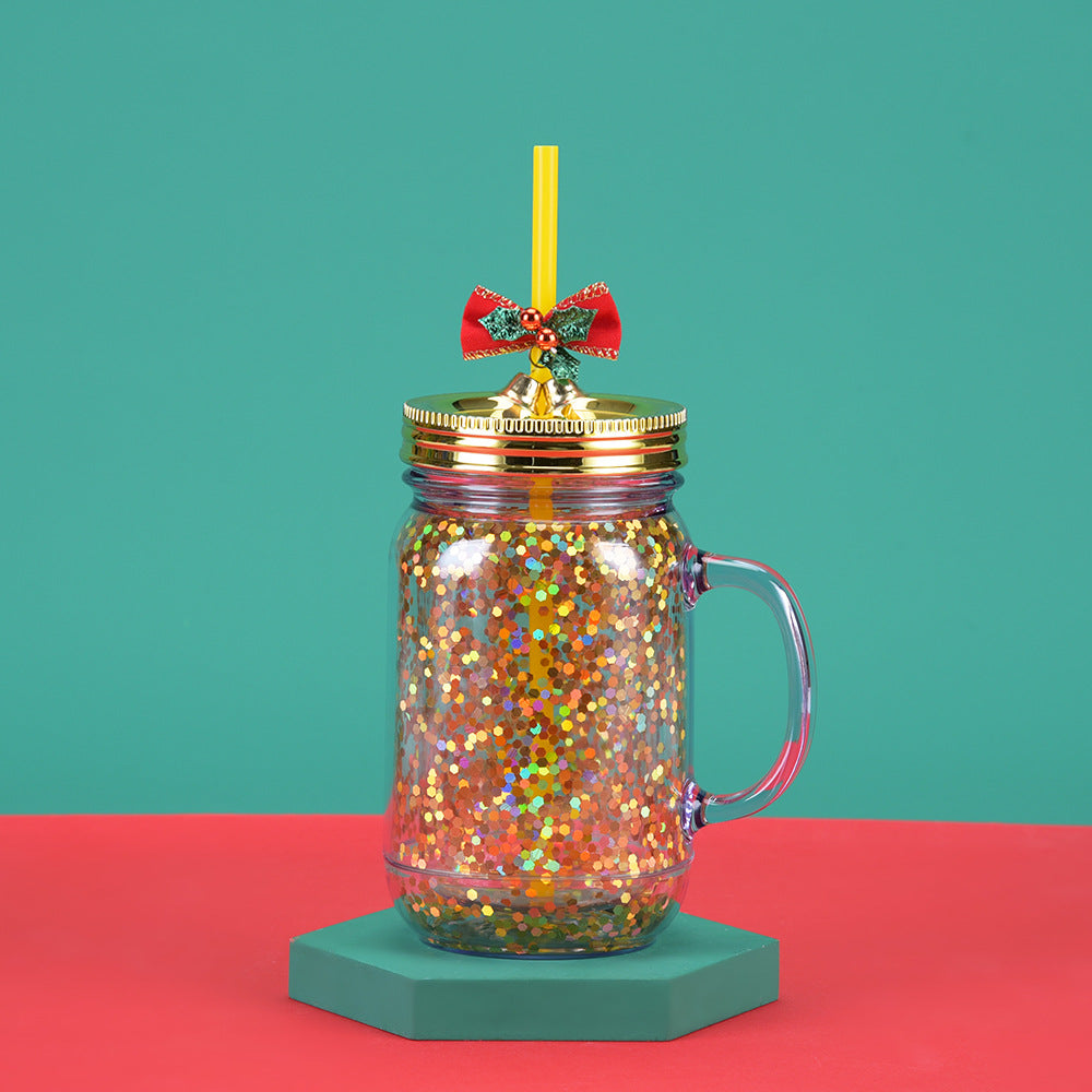 Wholesale  Glitter Plastic Canned Cup with Handle Double Layer Plastic Mason Cup